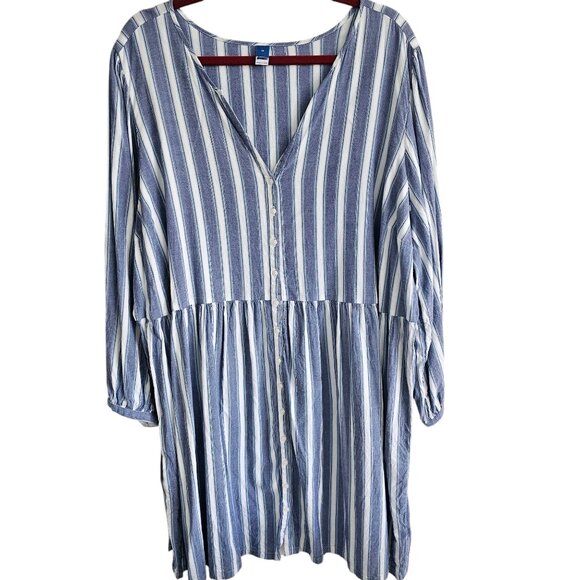 Old Navy Blue & White Stripe Button-Front Mini Swing Long Sleeve Midi Dress - Picture 1 of 5